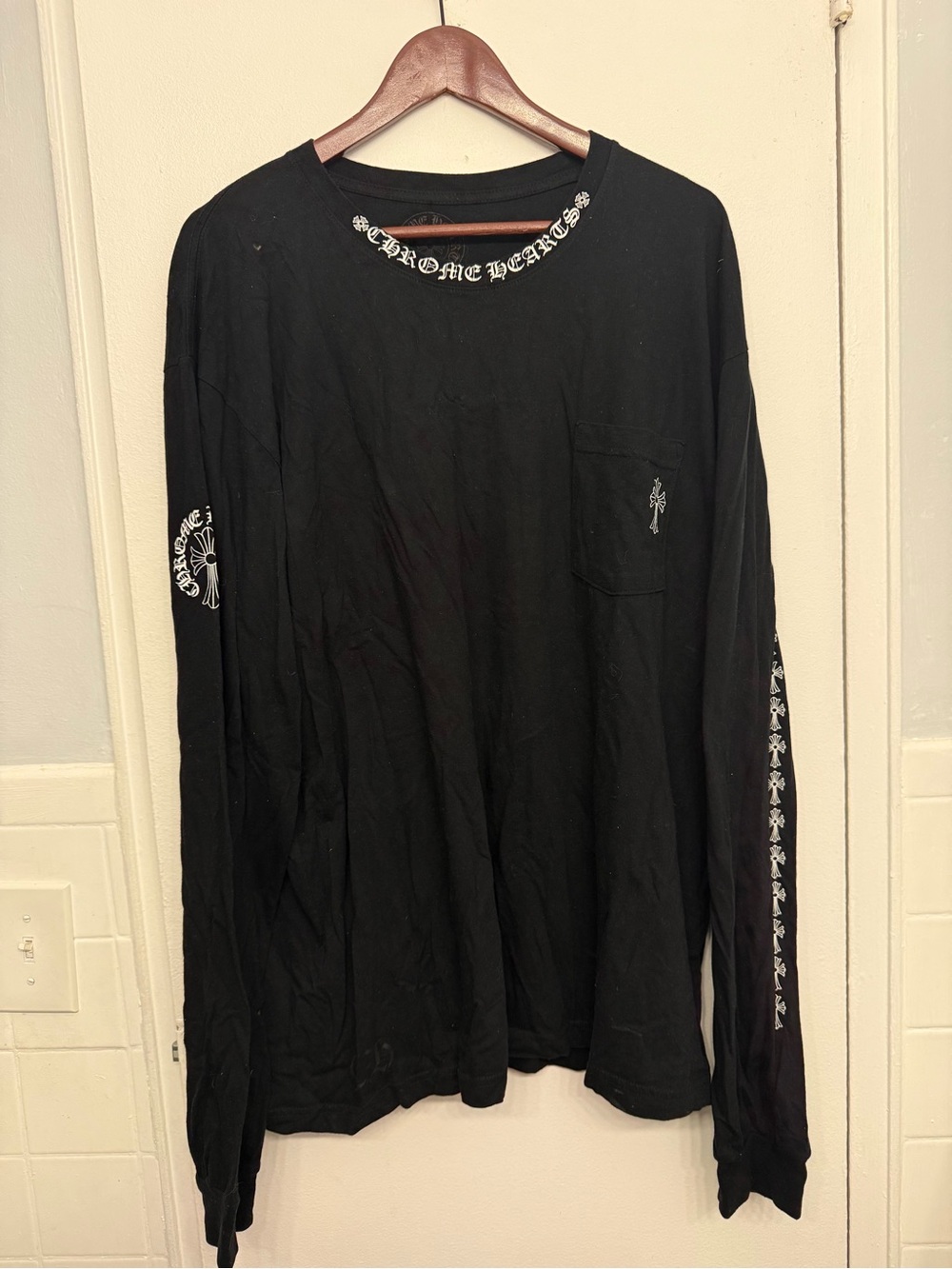 Chrome Hearts Black Long Sleeve Pocket Tee with White Logos